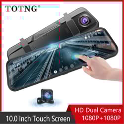 10 inch touchscreen mirror dash cam with front and rear cameras