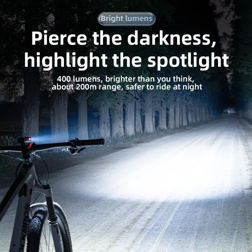 ROCKBROS Waterproof Aluminum Bike Light USB C Rechargeable 200LM 400LM 1