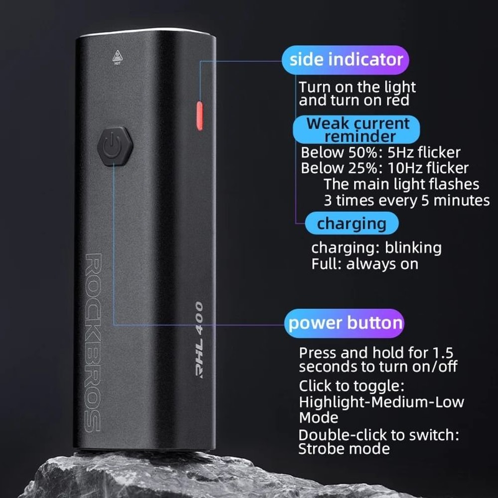 ROCKBROS Waterproof Aluminum Bike Light USB C Rechargeable 200LM 400LM 2
