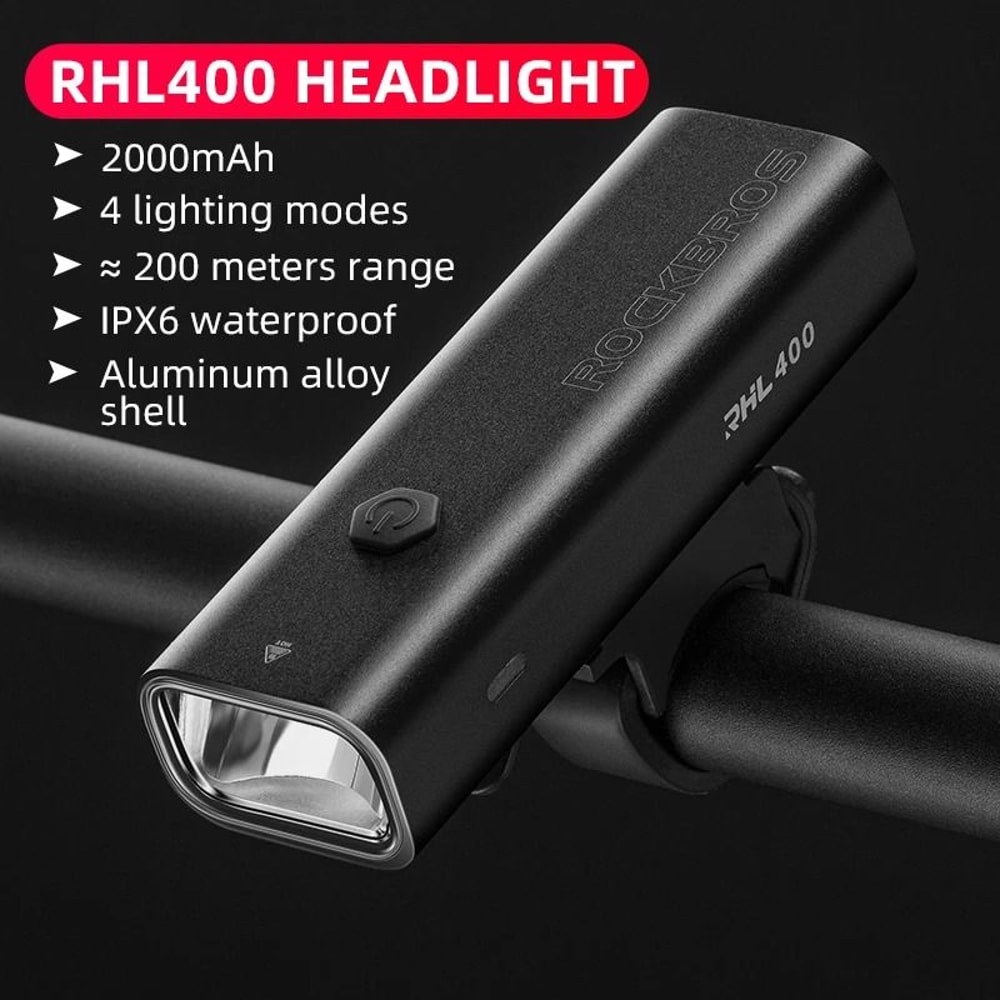 ROCKBROS Waterproof Aluminum Bike Light USB C Rechargeable 200LM 400LM 7