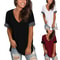 Spring Summer Solid Color V Neck Short Sleeve Womens Base Shirt 0