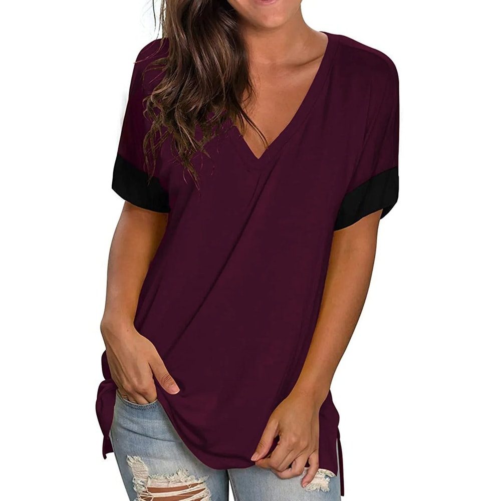 Spring Summer Solid Color V Neck Short Sleeve Womens Base Shirt 9