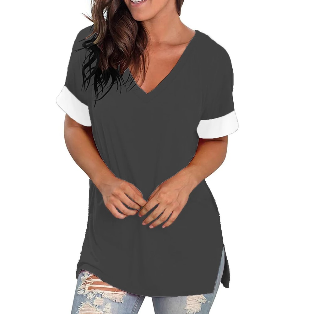 Spring Summer Solid Color V Neck Short Sleeve Womens Base Shirt 8