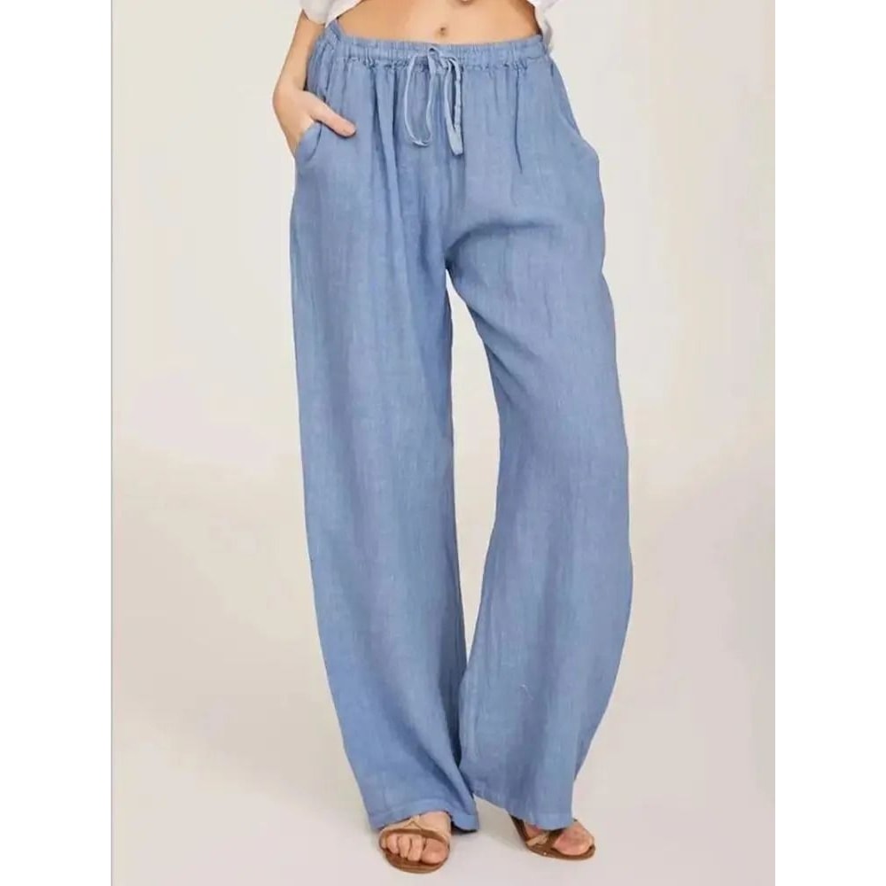 Womens Cotton Linen Straight Leg Pants With Elastic Waist And Pockets 10