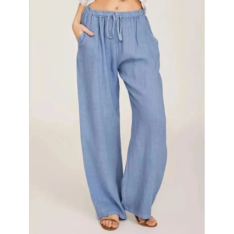 Womens Cotton Linen Straight Leg Pants With Elastic Waist And Pockets 10