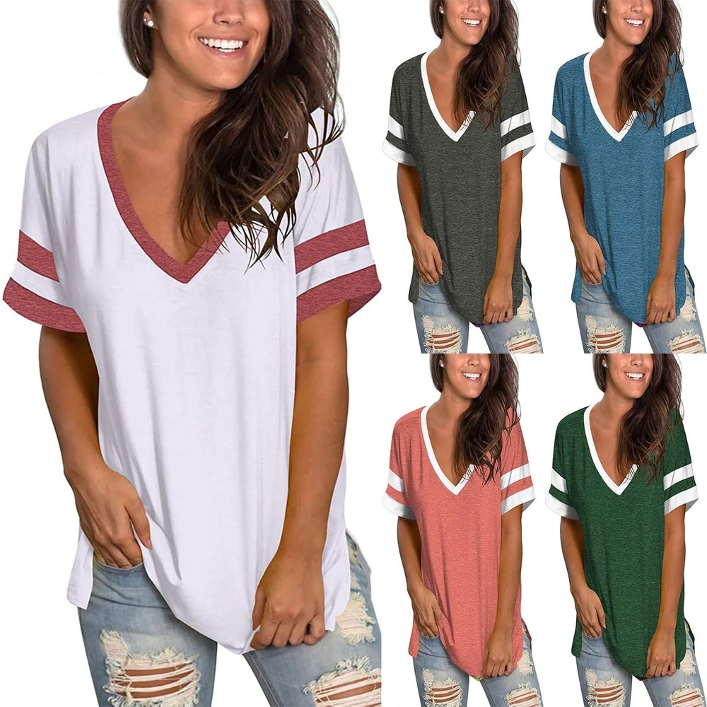 Womens V Neck Color Block Loose Fit Short Sleeve Tee 0