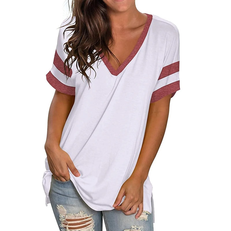 Womens V Neck Color Block Loose Fit Short Sleeve Tee 5