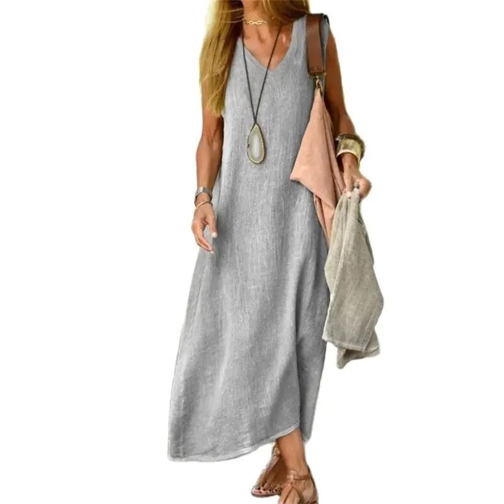 Womens V Neck Cotton Linen Loose Waist Sleeveless Summer Dress 0