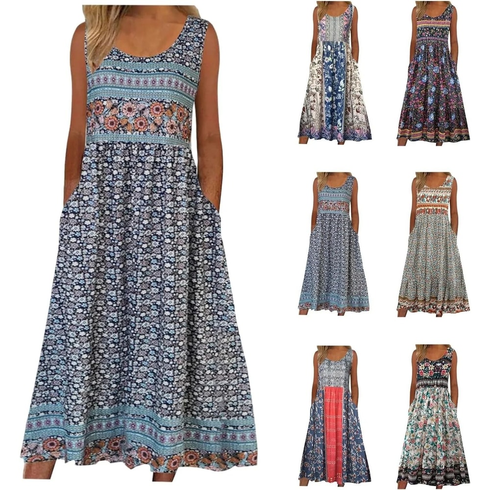 Womens Sleeveless Bohemian Floral Midi Sundress With Pockets 0