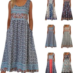 Womens Sleeveless Bohemian Floral Midi Sundress with Pockets