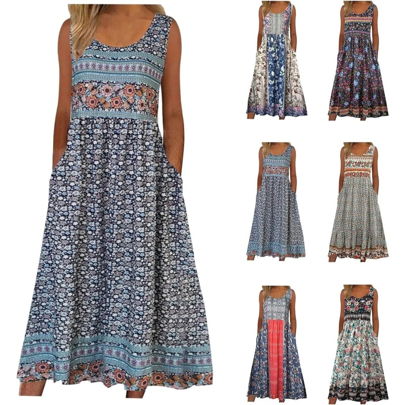 Womens Sleeveless Bohemian Floral Midi Sundress With Pockets 0