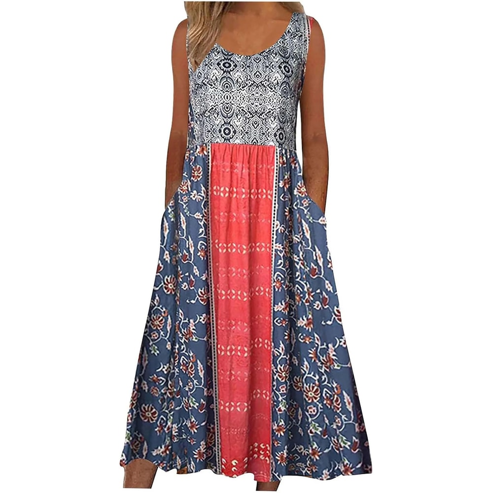 Womens Sleeveless Bohemian Floral Midi Sundress With Pockets 1