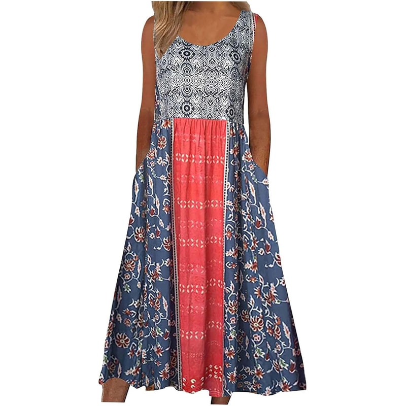 Womens Sleeveless Bohemian Floral Midi Sundress With Pockets 1