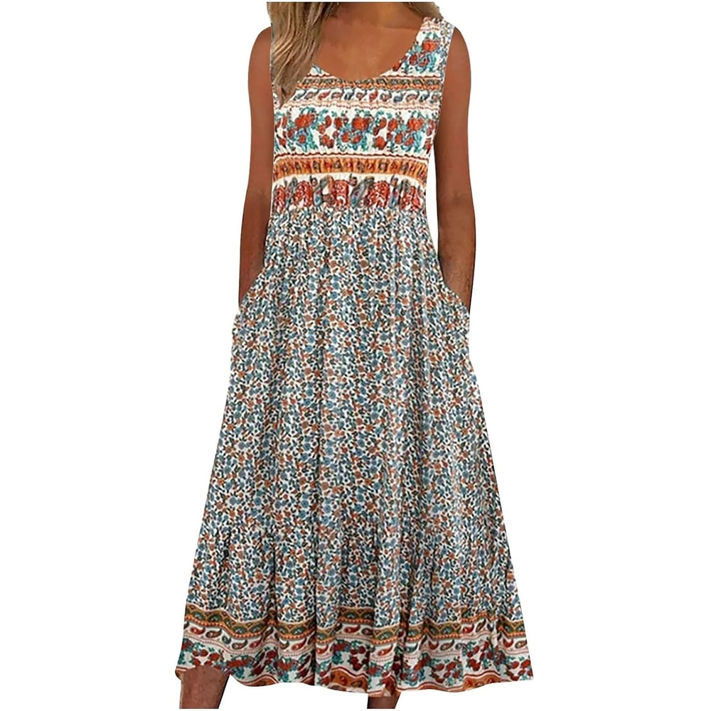 Womens Sleeveless Bohemian Floral Midi Sundress With Pockets 2