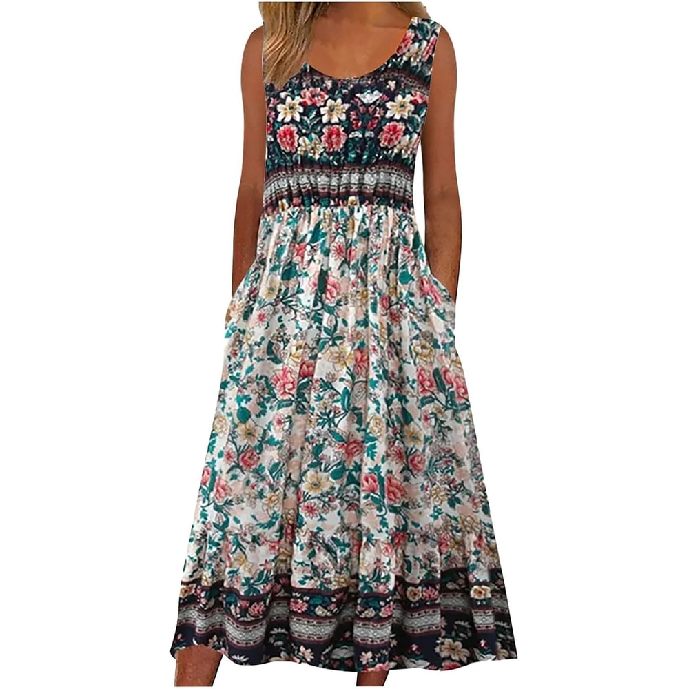 Womens Sleeveless Bohemian Floral Midi Sundress With Pockets 6