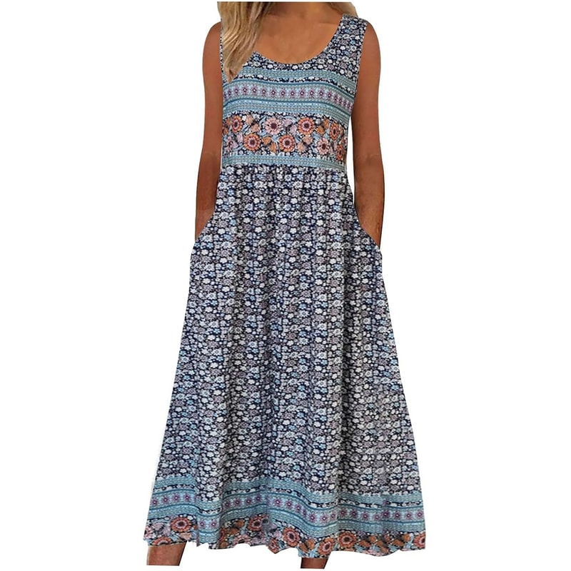 Womens Sleeveless Bohemian Floral Midi Sundress With Pockets 7