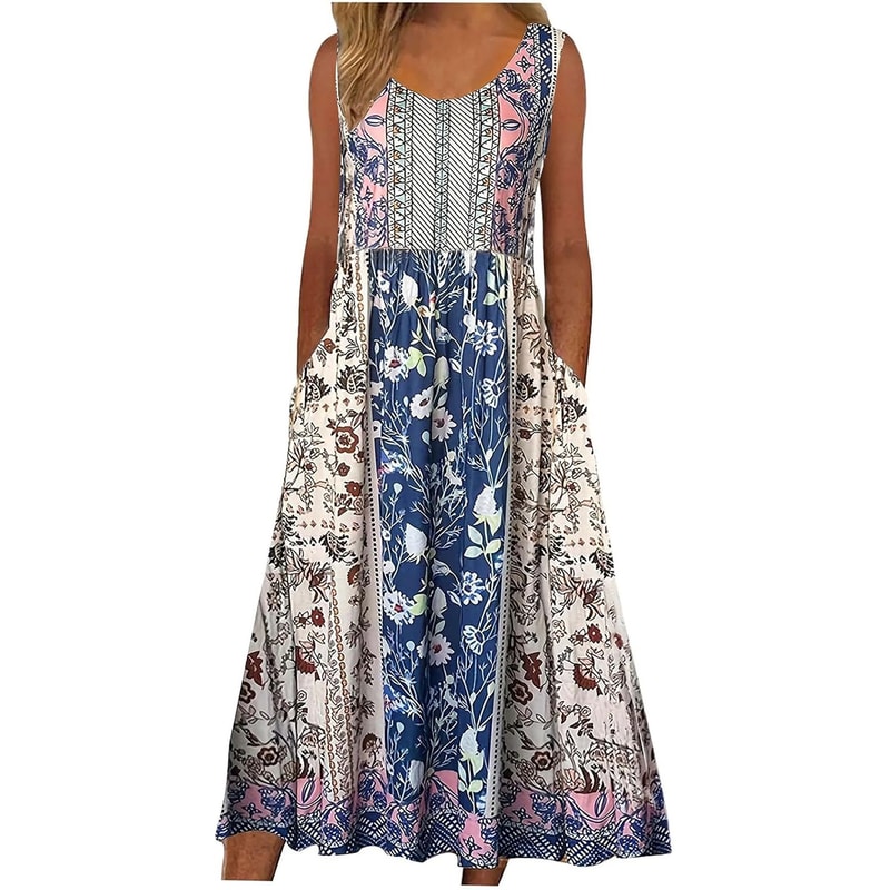 Womens Sleeveless Bohemian Floral Midi Sundress With Pockets 8