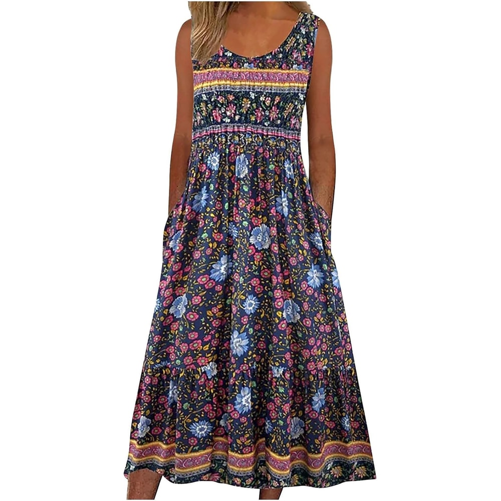 Womens Sleeveless Bohemian Floral Midi Sundress With Pockets 11