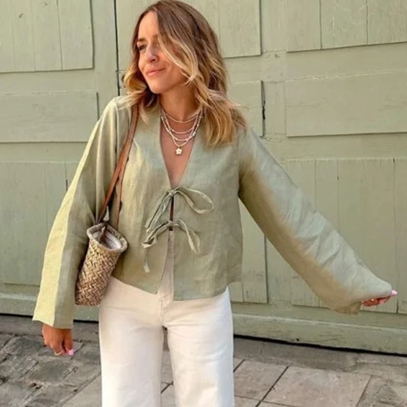 Green Linen Lace Up Long Sleeve V Neck Shirt For Women 1