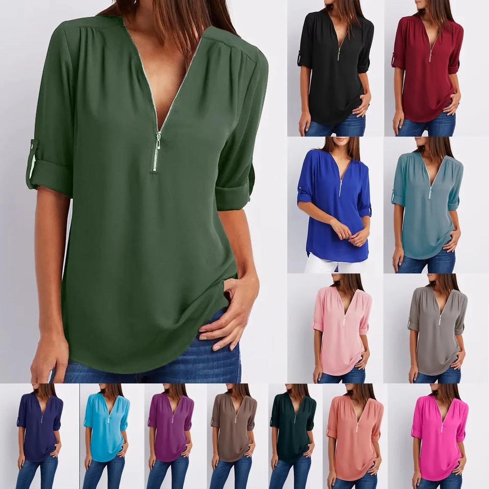 Womens Loose Deep V Neck Chiffon Zipper Pullover Plus Size Top 0