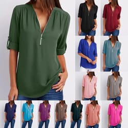 womens loose deep v neck chiffon zipper pullover plus size top