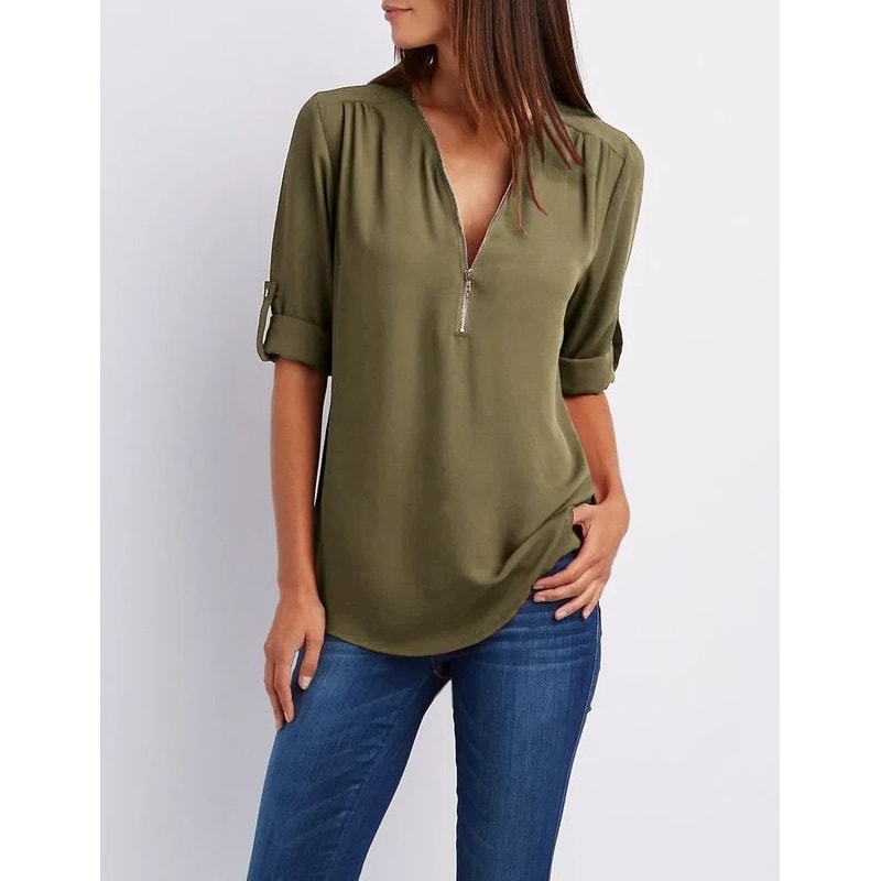 Womens Loose Deep V Neck Chiffon Zipper Pullover Plus Size Top 9