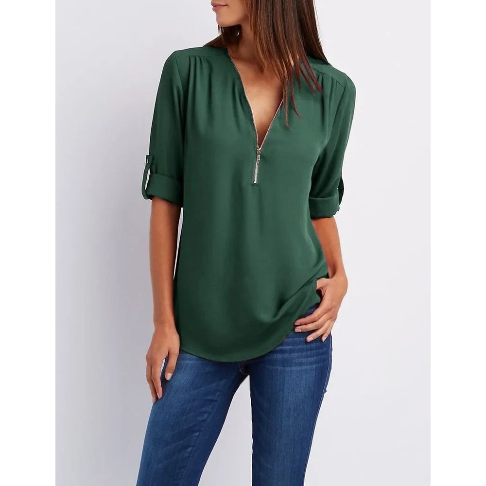 Womens Loose Deep V Neck Chiffon Zipper Pullover Plus Size Top 12