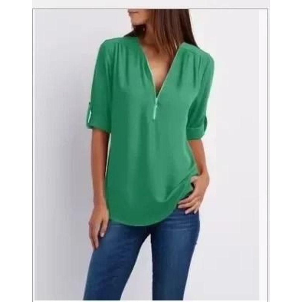 Womens Loose Deep V Neck Chiffon Zipper Pullover Plus Size Top 13