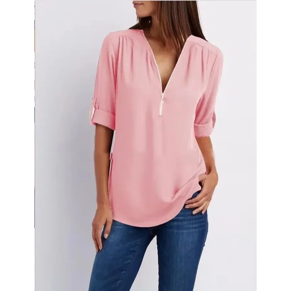 Womens Loose Deep V Neck Chiffon Zipper Pullover Plus Size Top 14