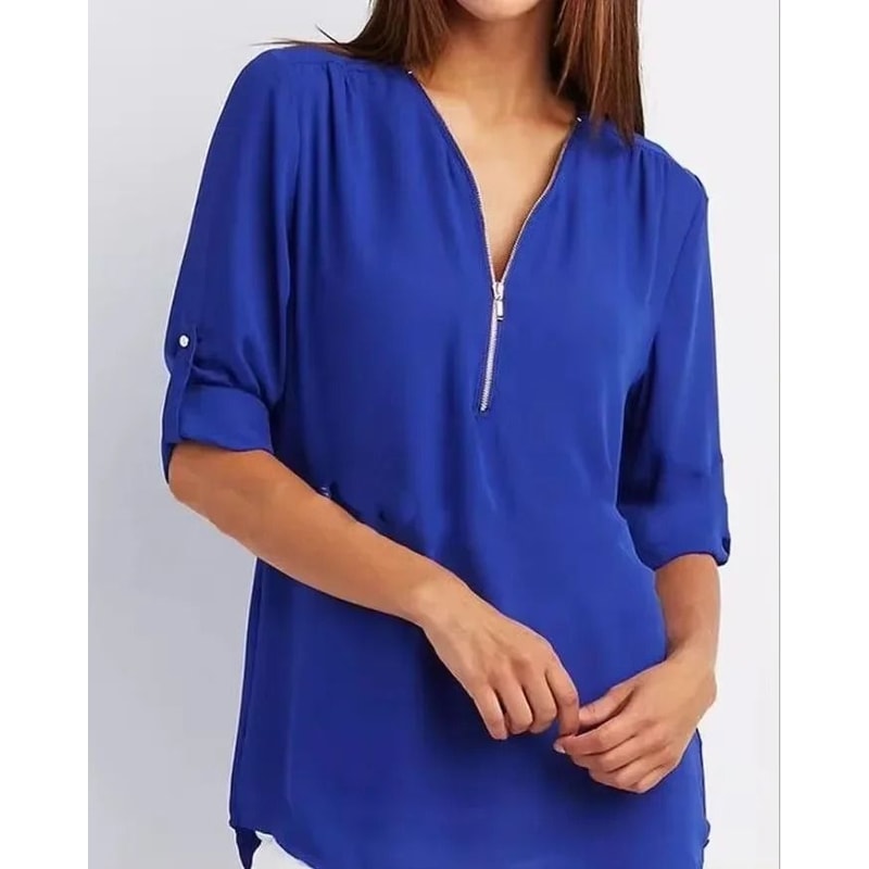 Womens Loose Deep V Neck Chiffon Zipper Pullover Plus Size Top 2