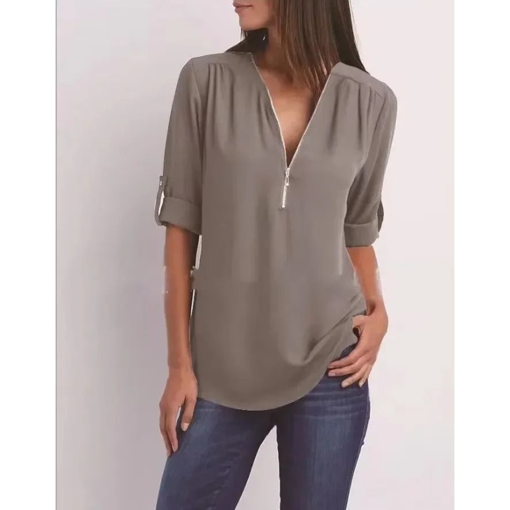 Womens Loose Deep V Neck Chiffon Zipper Pullover Plus Size Top 4