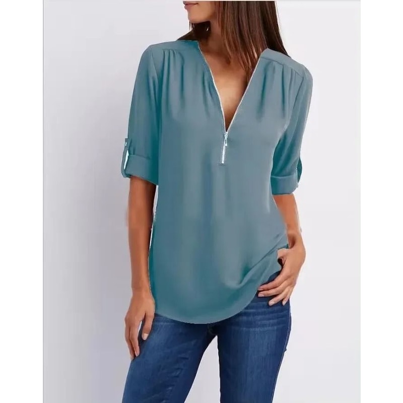 Womens Loose Deep V Neck Chiffon Zipper Pullover Plus Size Top 5
