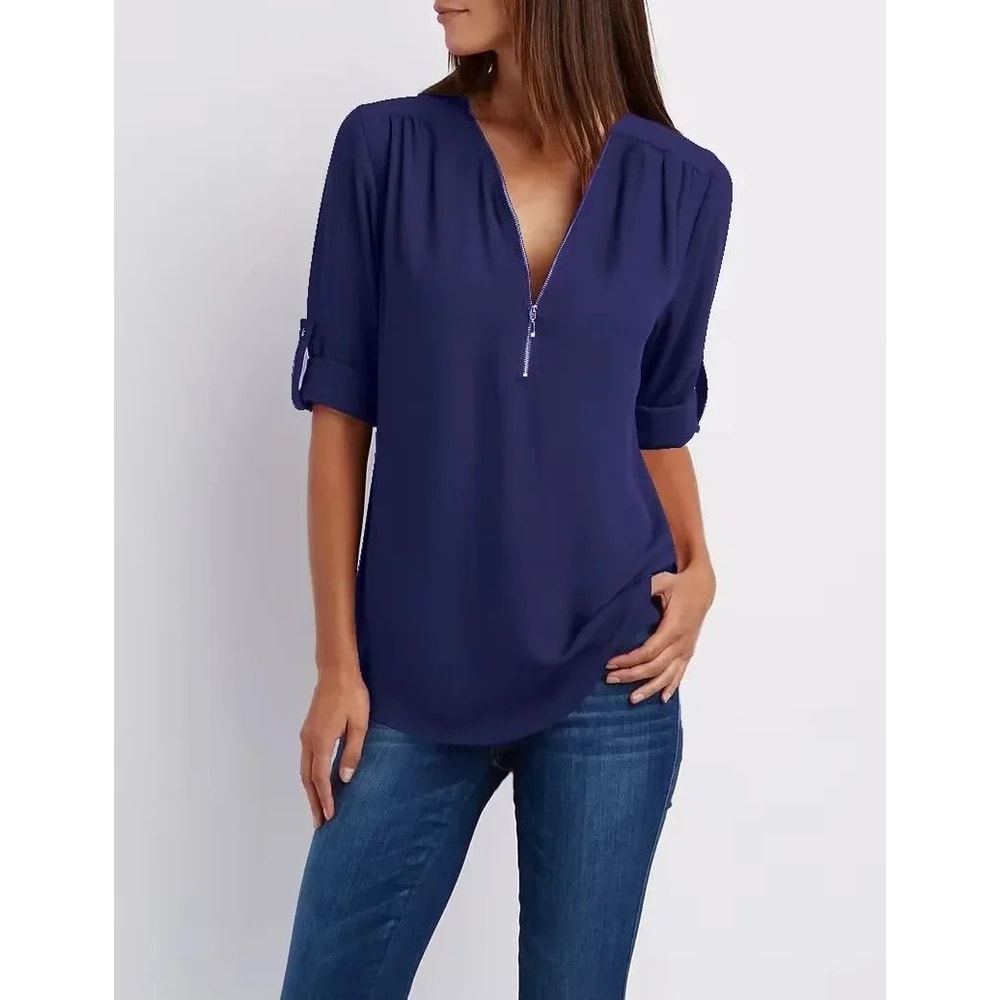 Womens Loose Deep V Neck Chiffon Zipper Pullover Plus Size Top 6
