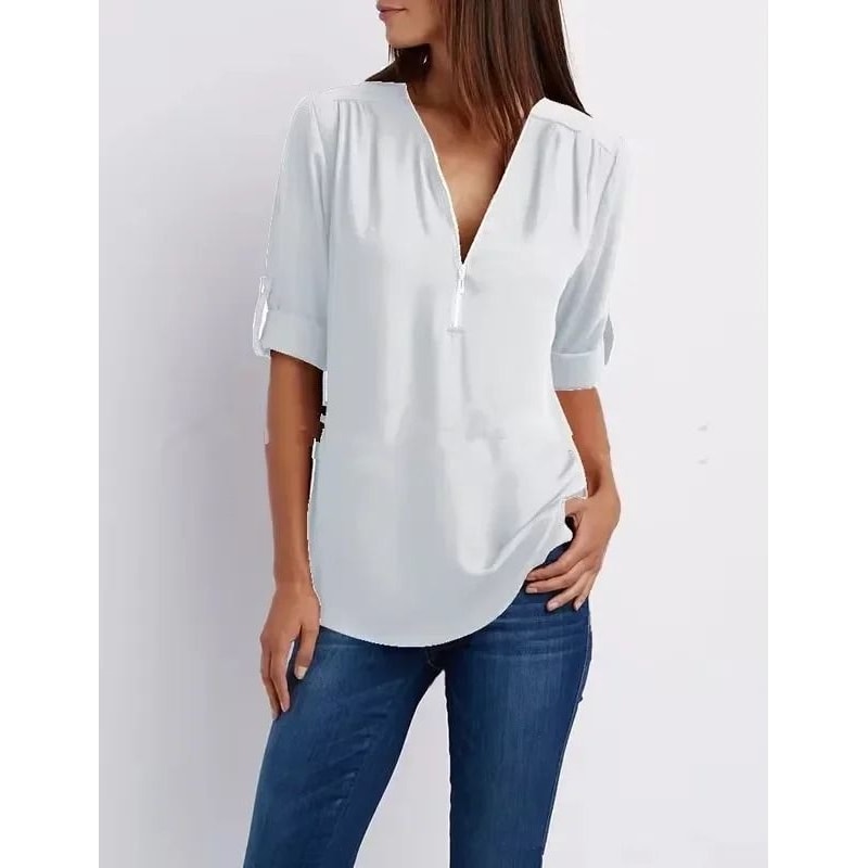 Womens Loose Deep V Neck Chiffon Zipper Pullover Plus Size Top 7
