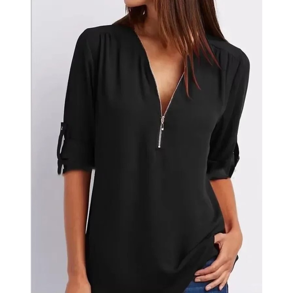 Womens Loose Deep V Neck Chiffon Zipper Pullover Plus Size Top 15