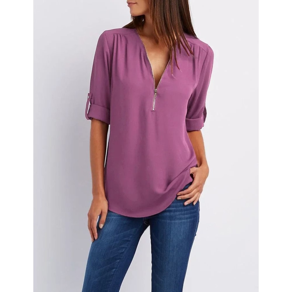 Womens Loose Deep V Neck Chiffon Zipper Pullover Plus Size Top 18