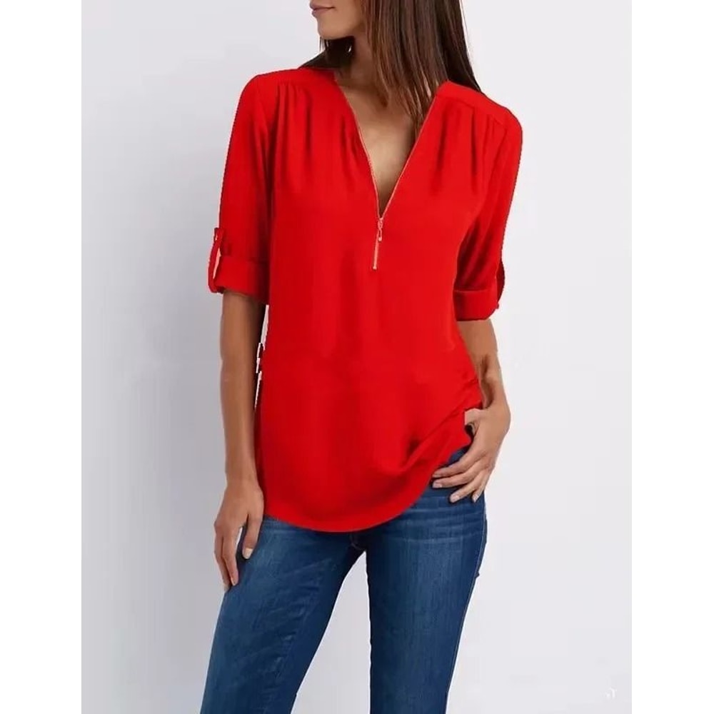 Womens Loose Deep V Neck Chiffon Zipper Pullover Plus Size Top 19