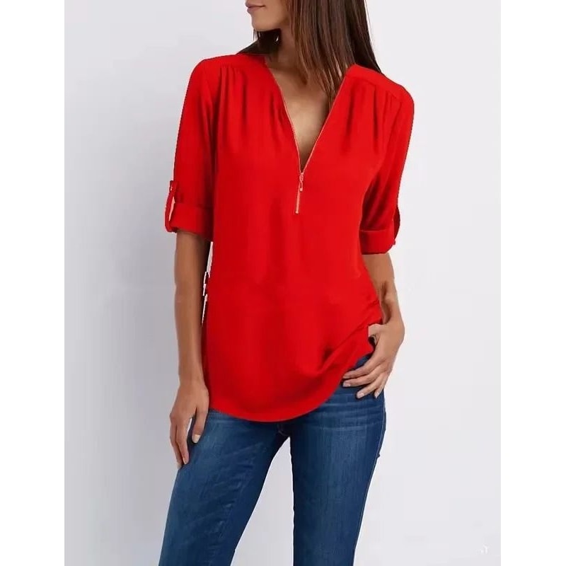 Womens Loose Deep V Neck Chiffon Zipper Pullover Plus Size Top 19