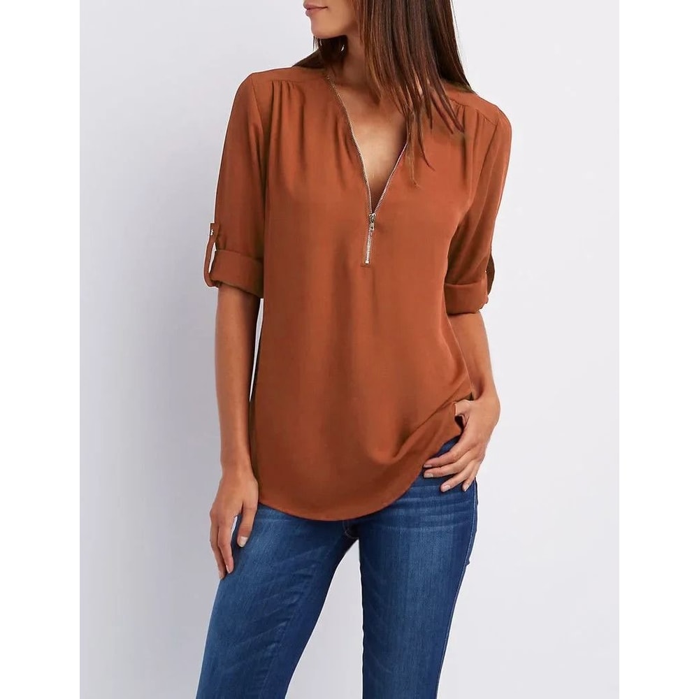 Womens Loose Deep V Neck Chiffon Zipper Pullover Plus Size Top 22