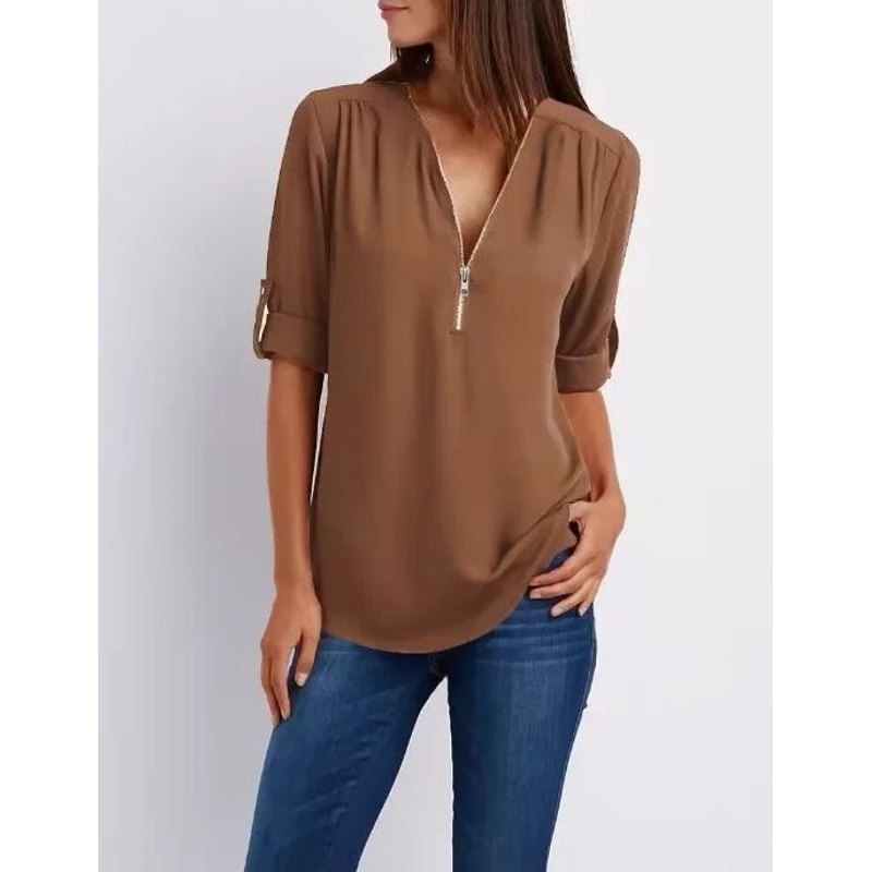 Womens Loose Deep V Neck Chiffon Zipper Pullover Plus Size Top 23