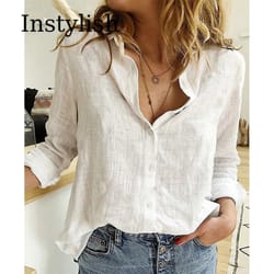 womens cotton linen button down lapel blouse