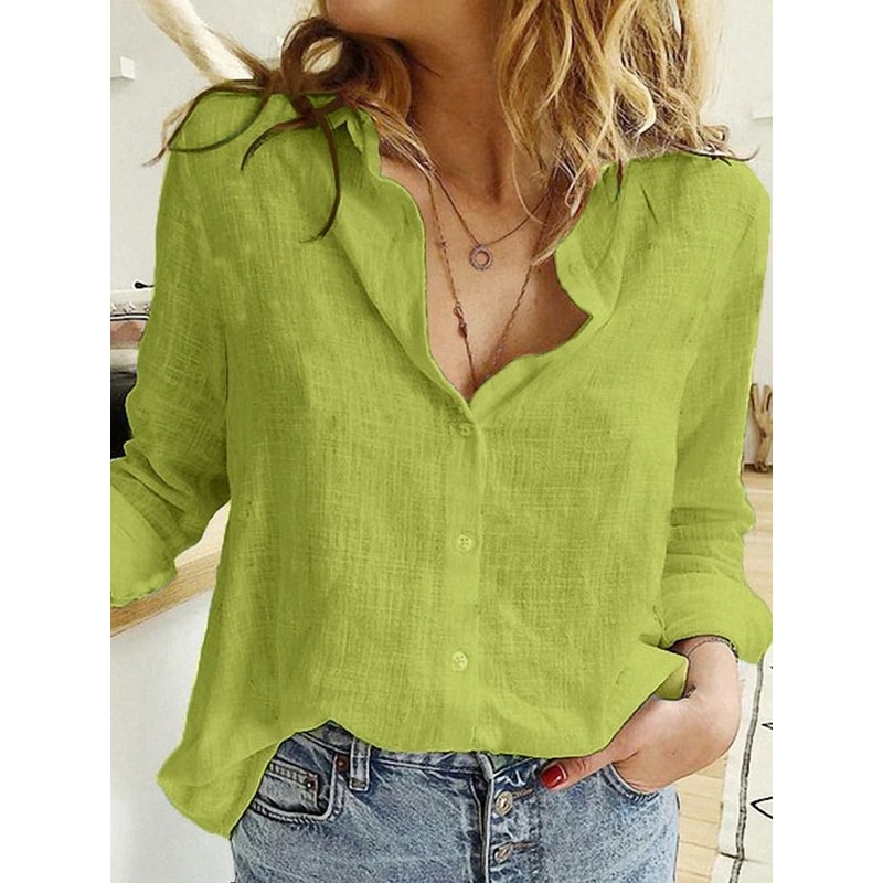Womens Cotton Linen Button Down Lapel Blouse 14