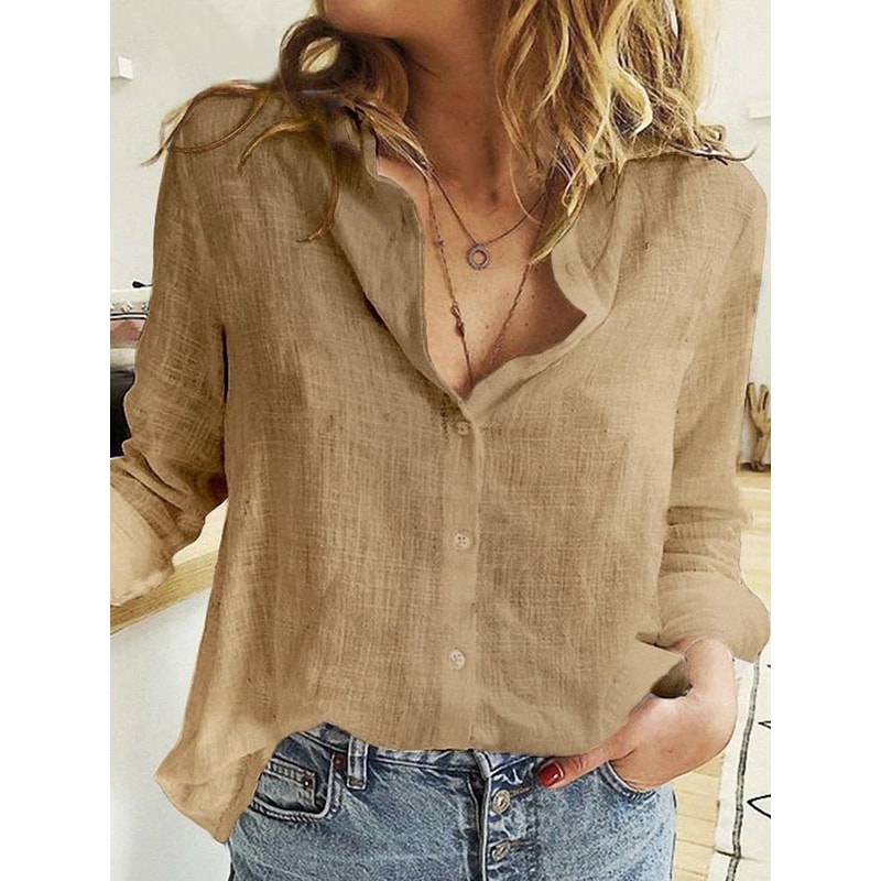 Womens Cotton Linen Button Down Lapel Blouse 15