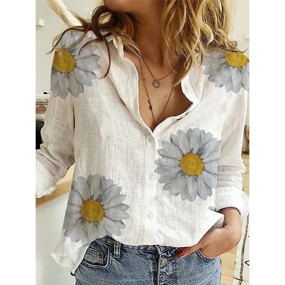 Womens Cotton Linen Button Down Lapel Blouse 20