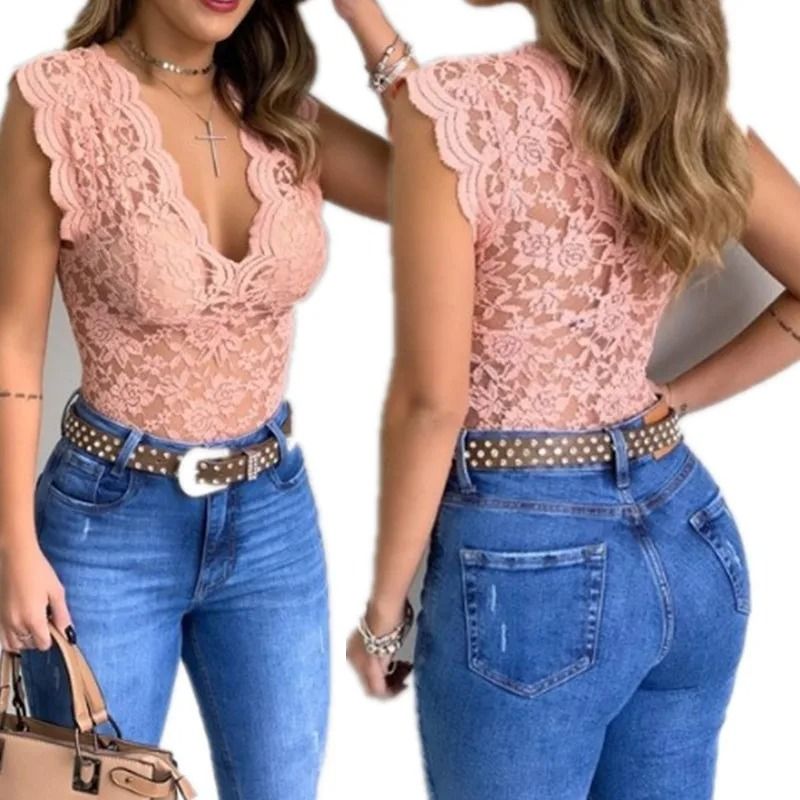 Womens V Neck Floral Lace Bodycon Tank Top 0