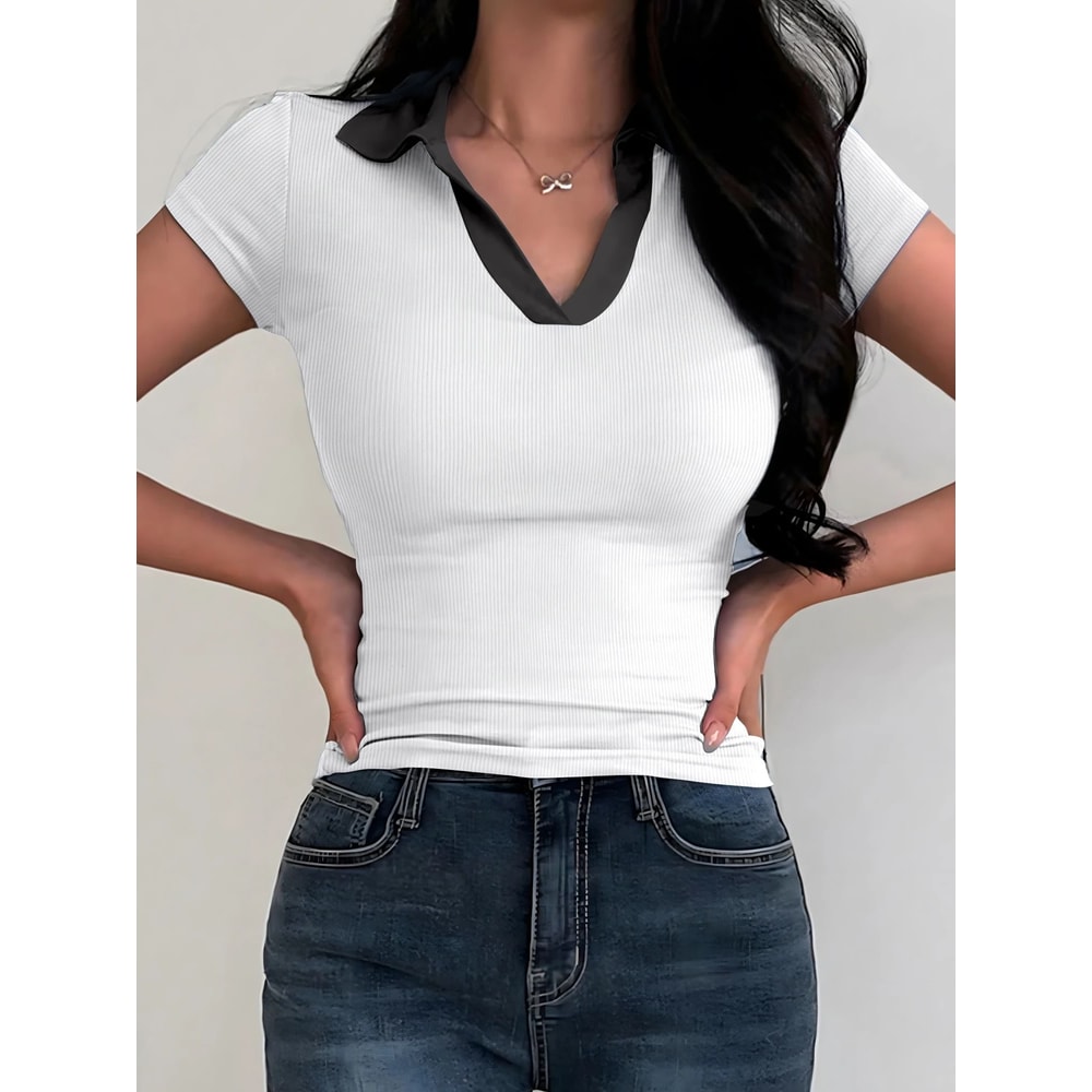Womens Summer Color Block V Neck Polo Shirt 2