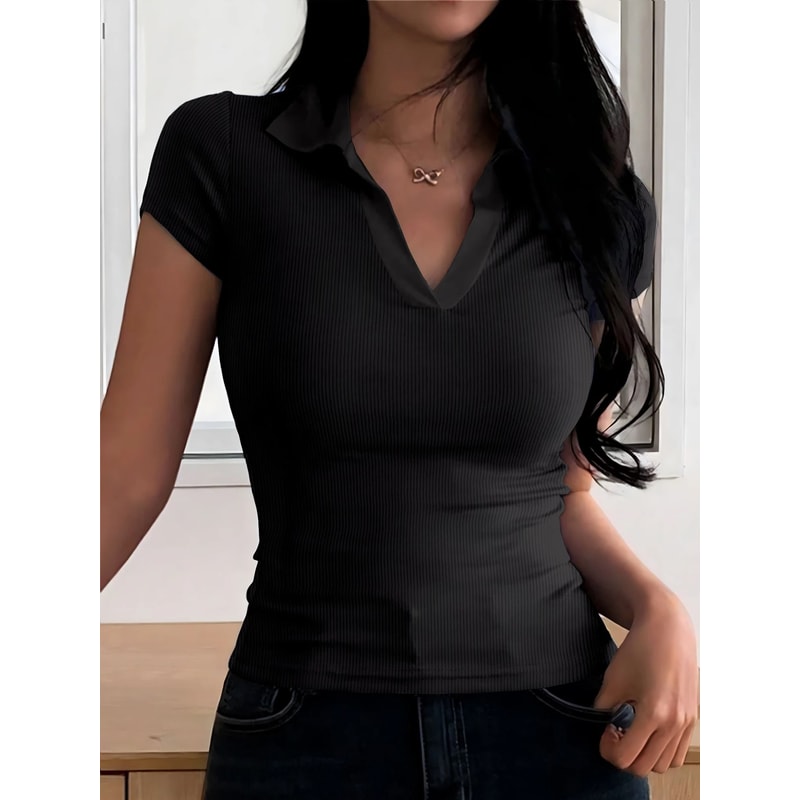 Womens Summer Color Block V Neck Polo Shirt 5