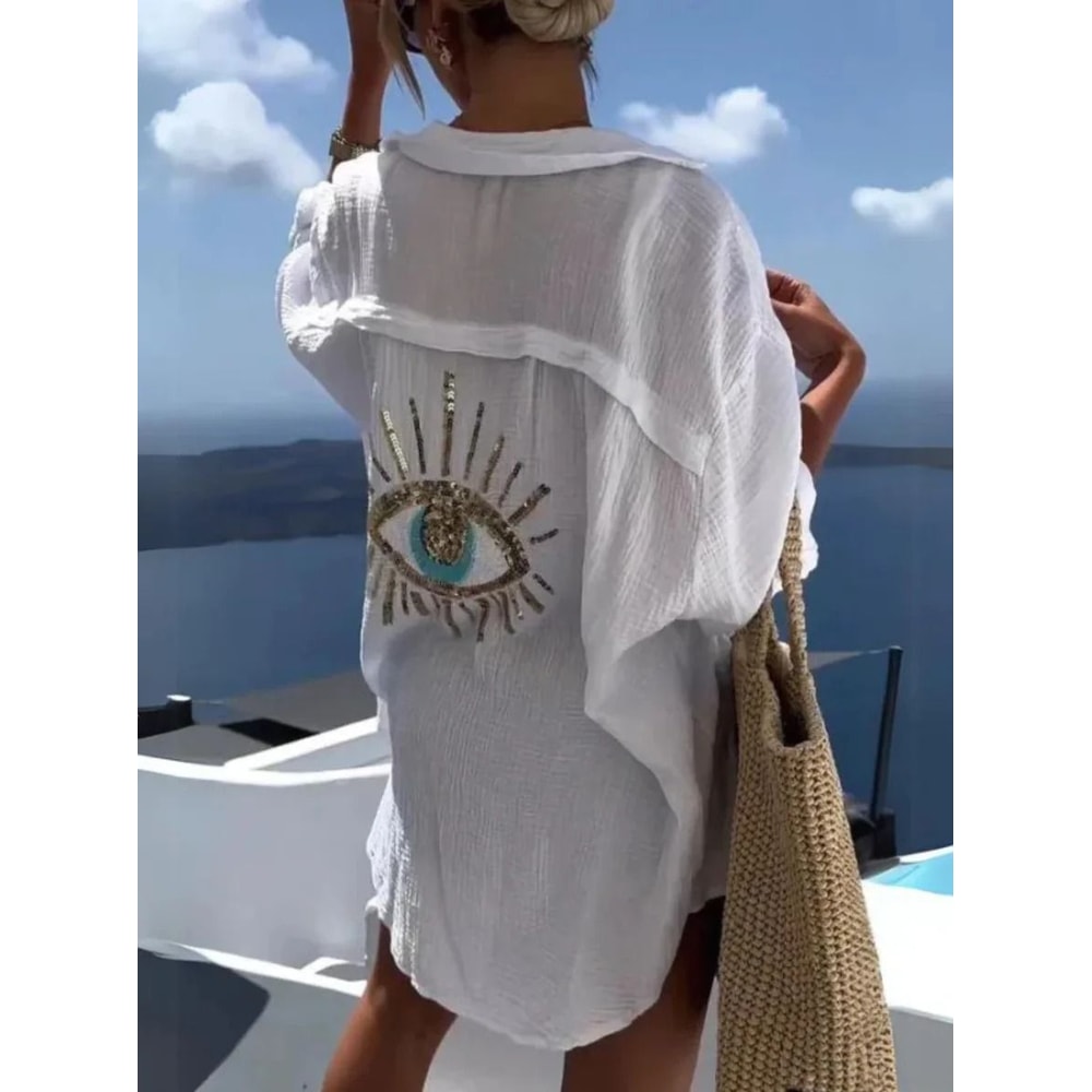 Casual Bright Sequin Evil Eye Long Sleeve Cotton Blouse 0