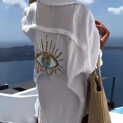 casual bright sequin evil eye long sleeve cotton blouse
