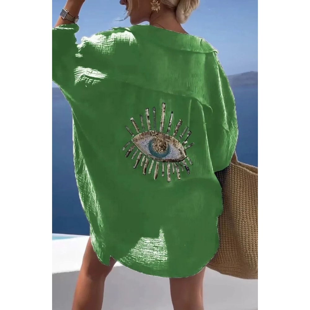 Casual Bright Sequin Evil Eye Long Sleeve Cotton Blouse 4